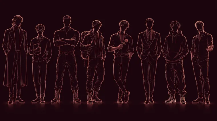 Ilustração em traço fino de oito homens diferentes lado a lado, sem rosto: de sobretudo, de óculos com um livro, de braços cruzados, de mochila, com uma rosa na mão, de terno, de moletom e com a mão estendida