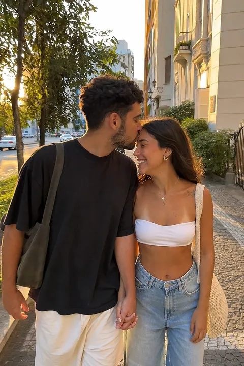 Casal de mãos dadas na rua, ele beija a testa dela
