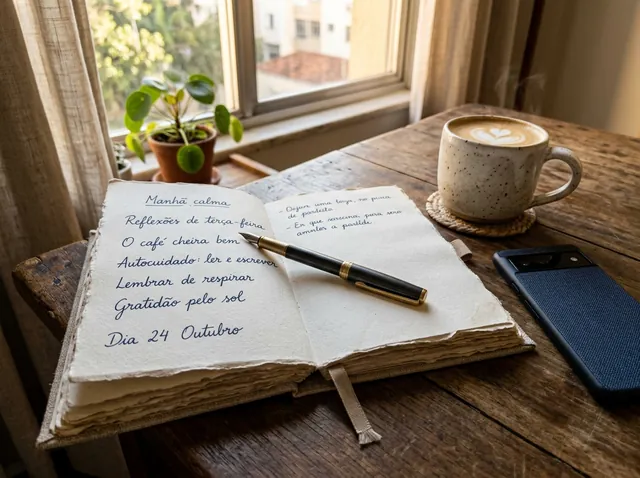 Caderno aberto com anotações, caneta e café sobre a mesa