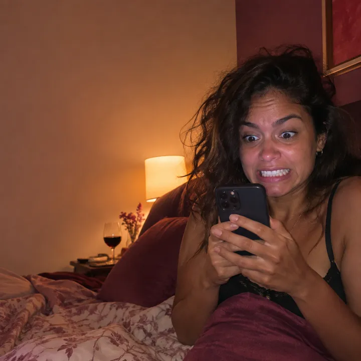 Mulher na cama, de madrugada, segurando o celular com cara de quem vai mandar uma mensagem no impulso